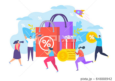 Promo at store sale goods, vector illustration. Market commerce advertising, man and woman with loudspeaker talk about sale. Promo at store sale goods, vector illustration. Market commerce advertising, man and woman with loudspeaker talk about sale. 64888942
