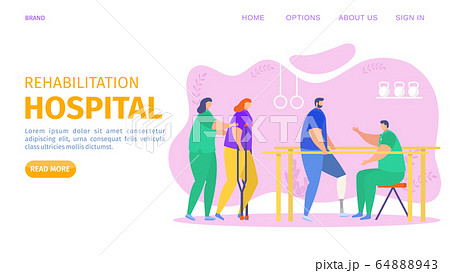 Rehabilitation hospital, clinical center landing vector illustration. People physical injuries therapy to restore health in gym. Rehabilitation hospital, clinical center landing vector illustration. People physical injuries therapy to restore health in gym. 64888943