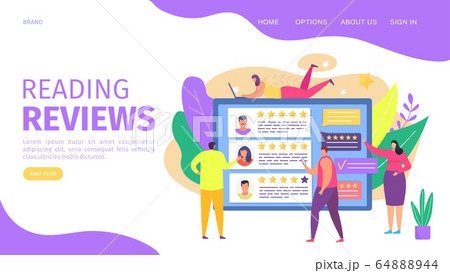 Reading reviews, webpage vector illustration. Screen display reviews about service and customer rating number stars, landing Reading reviews, webpage vector illustration. Screen display reviews about service and customer rating number stars, landing 64888944