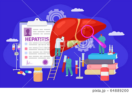 Hepatitis concept treatment, vector illustration. Doctors character research patinet liver disease. Medical organ care, workers 64889200