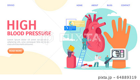 High blood pressure measuring, landing vector illustration. Cardiology disease, tonometer medical equipment. Doctor hypertension 64889319