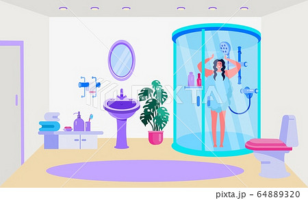 Bathroom interior fixtures vector illustration. Home design, room with shower, toilet, sink and mirror. Fourniture for towel, sope 64889320