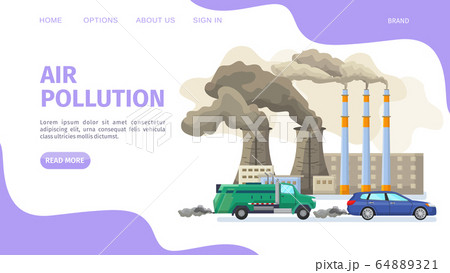 Air pollution, environmental problems web page, vector illustration. Industrial factory and car with exhaust gas contaminate 64889321