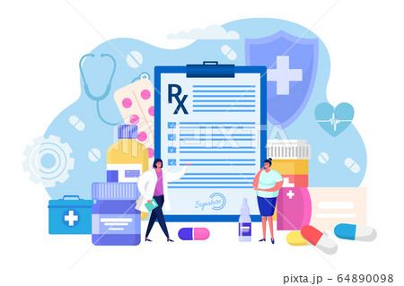 Medical prescription for hospital patient, concept vector illustration. Personal doctor write list medicines to treat disease. 64890098
