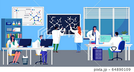 Innovate laboratory research new medical preparation formula vector illustration. Man and woman scientist examine virus structure Innovate laboratory research new medical preparation formula vector illustration. Man and woman scientist examine virus structure 64890109