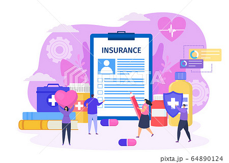 Conclude health insurance contract with clinic concept vector illustration. Man fill large form document, woman character 64890124