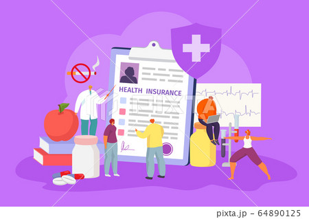 Doctor show patient health insurance concept vector illustration. Health prevention, exercise, eliminate smoking and eat fruit. Doctor show patient health insurance concept vector illustration. Health prevention, exercise, eliminate smoking and eat fruit. 64890125