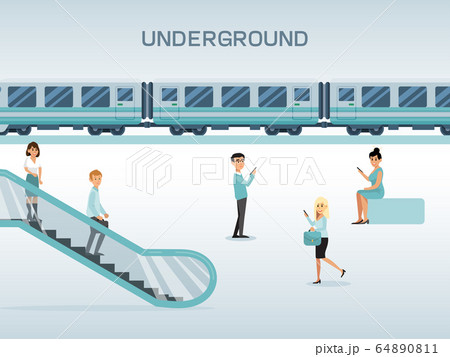 City subway station, character male female use escalator and waiting train, concept flat vector illustration. City subway station, character male female use escalator and waiting train, concept flat vector illustration. 64890811