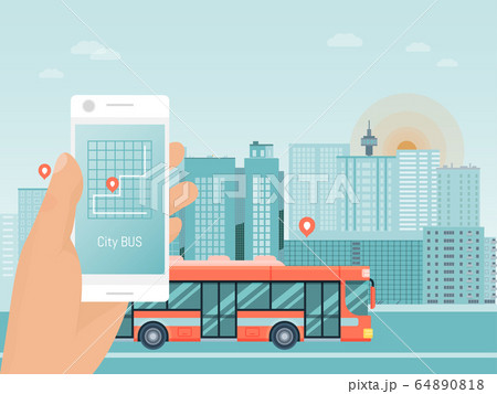Hand hold smart phone app, city bus travel tour, autobus mobile application flat vector illustration. Street coach urban guided tour trip. Hand hold smart phone app, city bus travel tour, autobus mobile application flat vector illustration. Street coach urban guided tour trip. 64890818