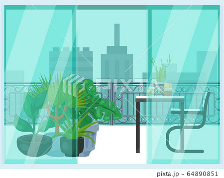 Urban look from balcony, concept cityscape and terrace loggia flat vector illustration. Cozy relax place, design interior pot flower. 64890851
