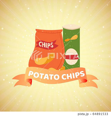 Pouch of potato chips with banner on retro background for fastfood cafe vector illustration. Pouch of potato chips with banner on retro background for fastfood cafe vector illustration. 64891533