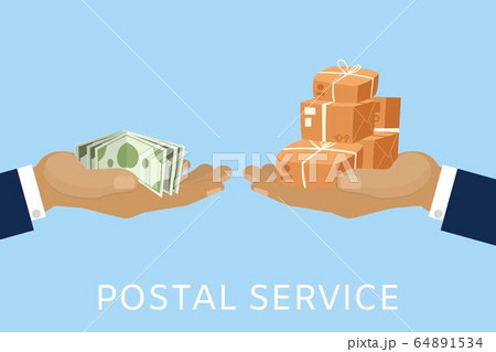 Post service and parcels delivery concept for money with postman hands and paying with cash dollars cartoon vector illustration. 64891534