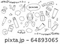 スキンケアアイテムとスキンケアをする女性のイラストセット 64893065