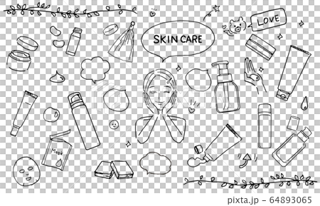 スキンケアアイテムとスキンケアをする女性のイラストセット スキンケアアイテムとスキンケアをする女性のイラストセット 64893065