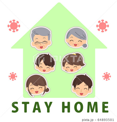 外出自粛 三世帯家族 コロナウィルスのイラスト素材