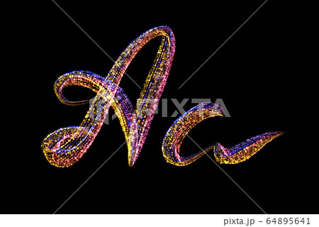 A - uppercase and lowercase letters handwritten made of multicolored luminous circles isolated on black background. Part of Alphabet series 64895641