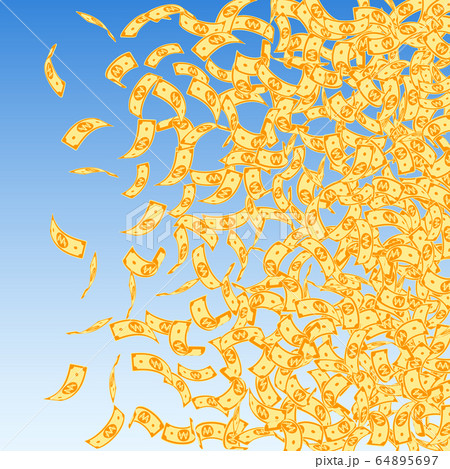 Korean won notes falling. Small WON bills on blue  64895697
