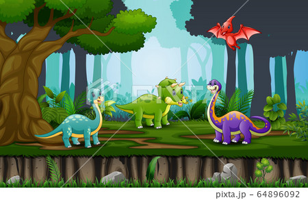 Happy dinosaurs cartoon at the jungle	 64896092