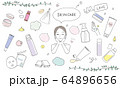 スキンケアアイテムとスキンケアをする女性のイラストセット 64896656