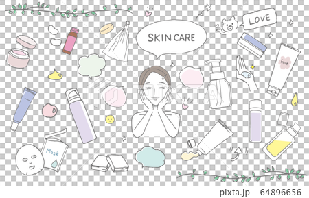 スキンケアアイテムとスキンケアをする女性のイラストセット スキンケアアイテムとスキンケアをする女性のイラストセット 64896656