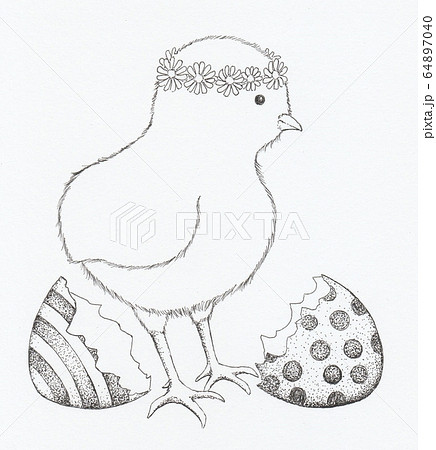 花冠をしたヒヨコとイースターエッグの殻のイラスト素材