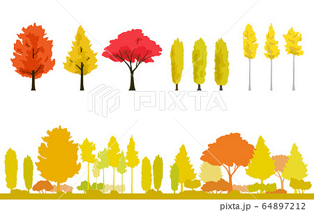 紅葉の木のセットと紅葉風景のイラスト素材