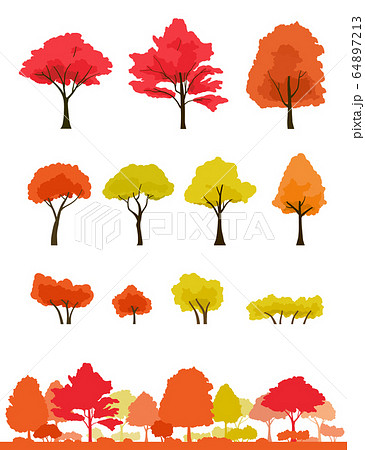 紅葉の木のセットと紅葉風景のイラスト素材