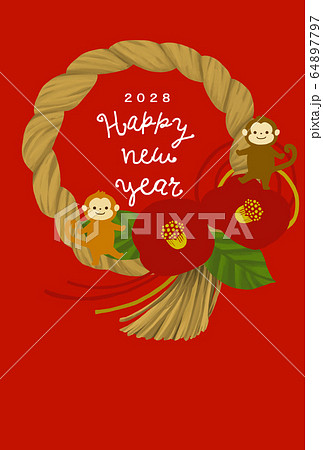 28年賀状テンプレート ハッピーニューイヤー 年賀状 猿年 さる年 猿年 申年 ２０２８年のイラスト素材