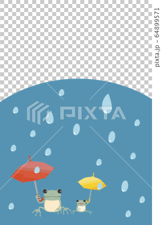 雨の日に傘をさすカエルの親子のポストカードのイラスト素材
