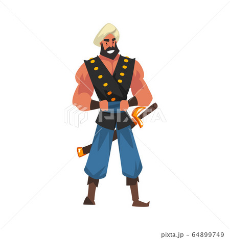 Muscular Armed Warrior, Arabian Fairy Tale Cartoon Character Vector Illustration 64899749