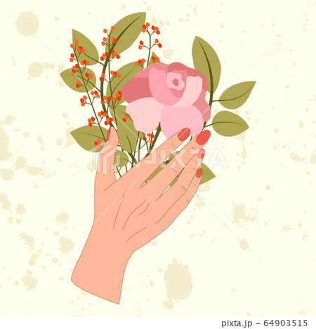 Hand Hold Bouquet With Pink Rose Branch With のイラスト素材
