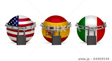 Planet colored in USA, Spain, Italy flags, locking with chain. Countries lockdown during coronavirus, COVID spreading, flyer Planet colored in USA, Spain, Italy flags, locking with chain. Countries lockdown during coronavirus, COVID spreading, flyer 64909549
