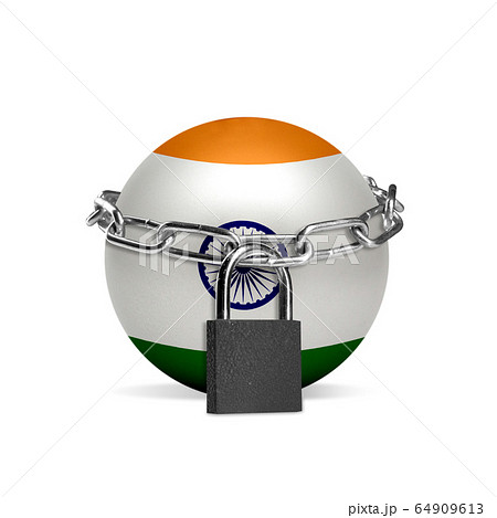 Planet colored in India flag, locking with chain. Countries lockdown during coronavirus, COVID spreading 64909613
