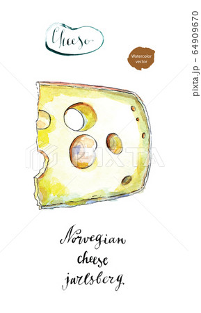 Wedge of Jarlsberg Danish cheese with holes in watercolor Wedge of Jarlsberg Danish cheese with holes in watercolor 64909670