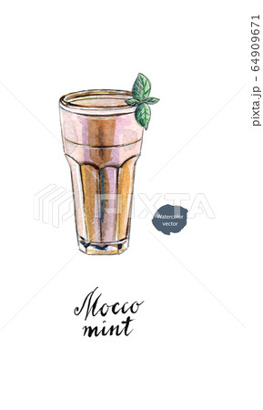 Glass of mocco mint with leaf of mint and mint syrup in watercolor 64909671