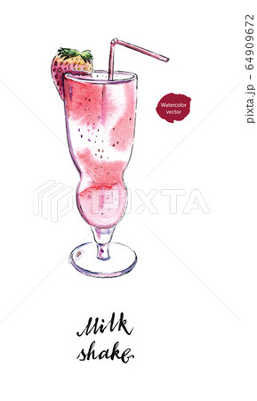 Glass of milk shake with straw and strawberry in watercolor 64909672