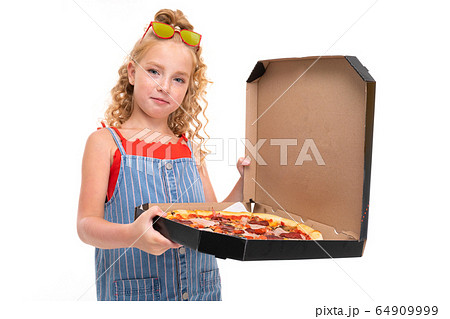attractive girl holds an open box with pizza on a white background 64909999