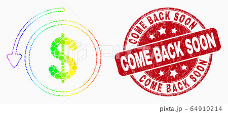 Vector Rainbow Colored Dot Undo Payment Icon and Distress Come Back Soon Stamp Seal Vector Rainbow Colored Dot Undo Payment Icon and Distress Come Back Soon Stamp Seal 64910214