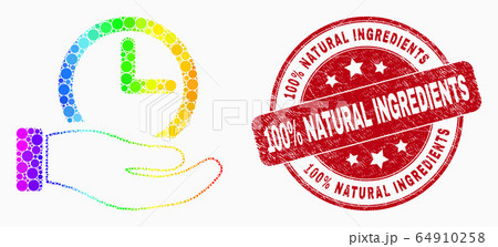 Vector Spectrum Pixel Time Service Hand Icon and Scratched 100 Percent Natural Ingredients Seal 64910258