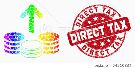 Vector Bright Dot Spend Coins Icon and Distress Direct Tax Seal Vector Bright Dot Spend Coins Icon and Distress Direct Tax Seal 64910834