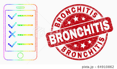 Vector Bright Pixelated Smartphone Task List Icon and Scratched Bronchitis Seal 64910862