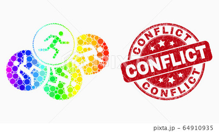 Vector Bright Dotted Running Persons Icon and Scratched Conflict Stamp Seal 64910935