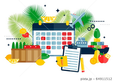 Plan import fruits icons vector illustration, product transportation by plane or ship. Mark sending day apples, pears, cucumber 64911512