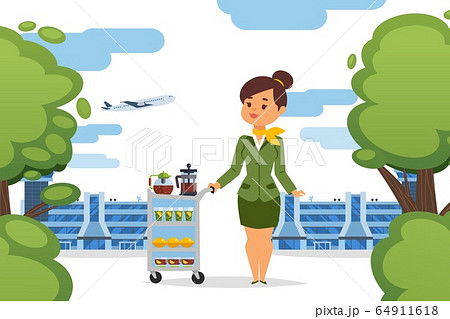 Stewardess with brewed tea on wheelbarrow vector illustration. Airport service, girl in uniform offers drinks poured in glasses Stewardess with brewed tea on wheelbarrow vector illustration. Airport service, girl in uniform offers drinks poured in glasses 64911618