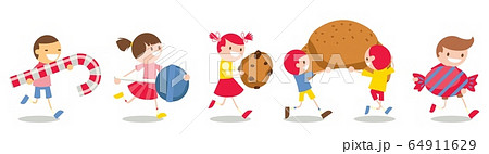 Character kids carry beloved sweets, vector illustration. Happy little boys girls with enlarged lollipop, chocolate chip cookie 64911629