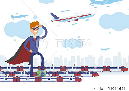 Superhero transportation, planet care business vector illustration. Character in business suit standing near modern trains. Superhero transportation, planet care business vector illustration. Character in business suit standing near modern trains. 64911641