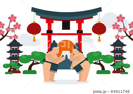 Sport type for fat people, vector illustration. Sumo wrestlers facing each other, large body weight for martial arts banner. Sport type for fat people, vector illustration. Sumo wrestlers facing each other, large body weight for martial arts banner. 64911746