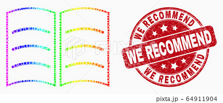 Vector Rainbow Colored Dotted Open Book Icon and Grunge We Recommend Stamp Seal 64911904