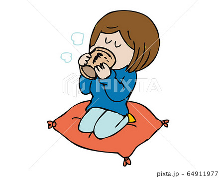 座布団に座ってお茶を飲む女性のイラスト素材