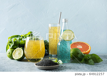 Basil seeds beverage with orange and juice Basil seeds beverage with orange and juice 64912257